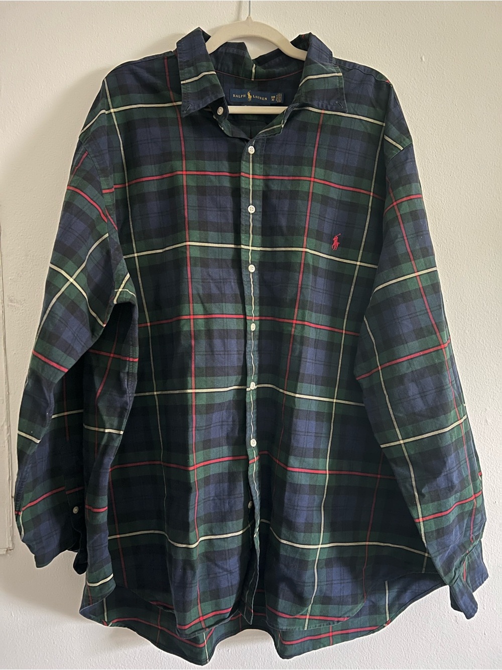 Vintage Fall Ralph Lauren Navy and Green Plaid Button-Down Shirt with Red Logo